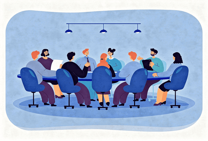 Illustration of a board meeting with participants seated around a table, representing discussion and decision-making