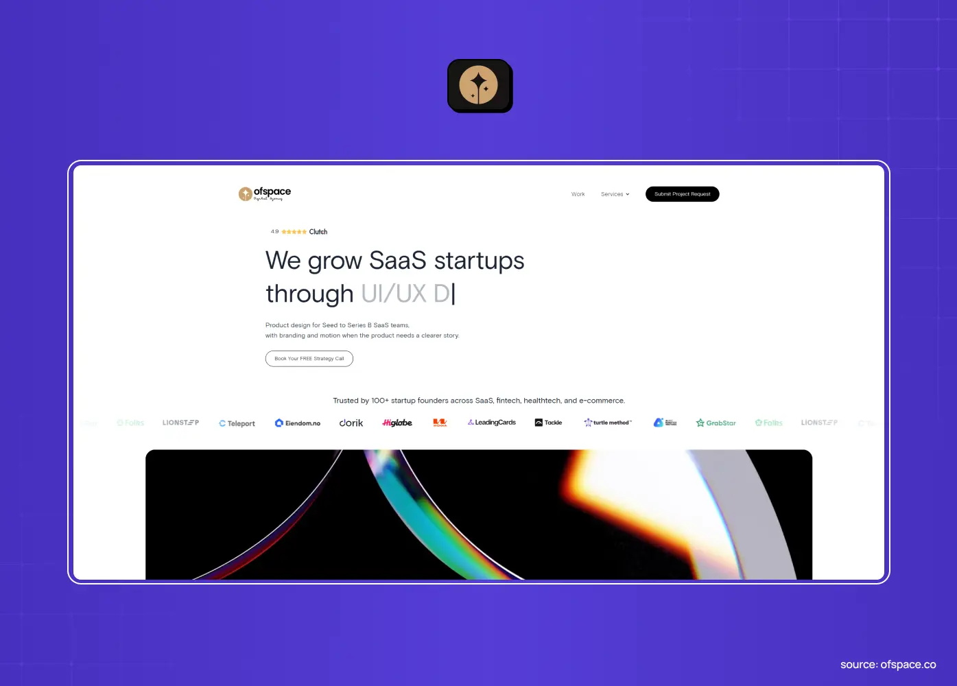 Homepage of Ofspace promoting UI/UX design services for SaaS startups with modern visuals and client logos.