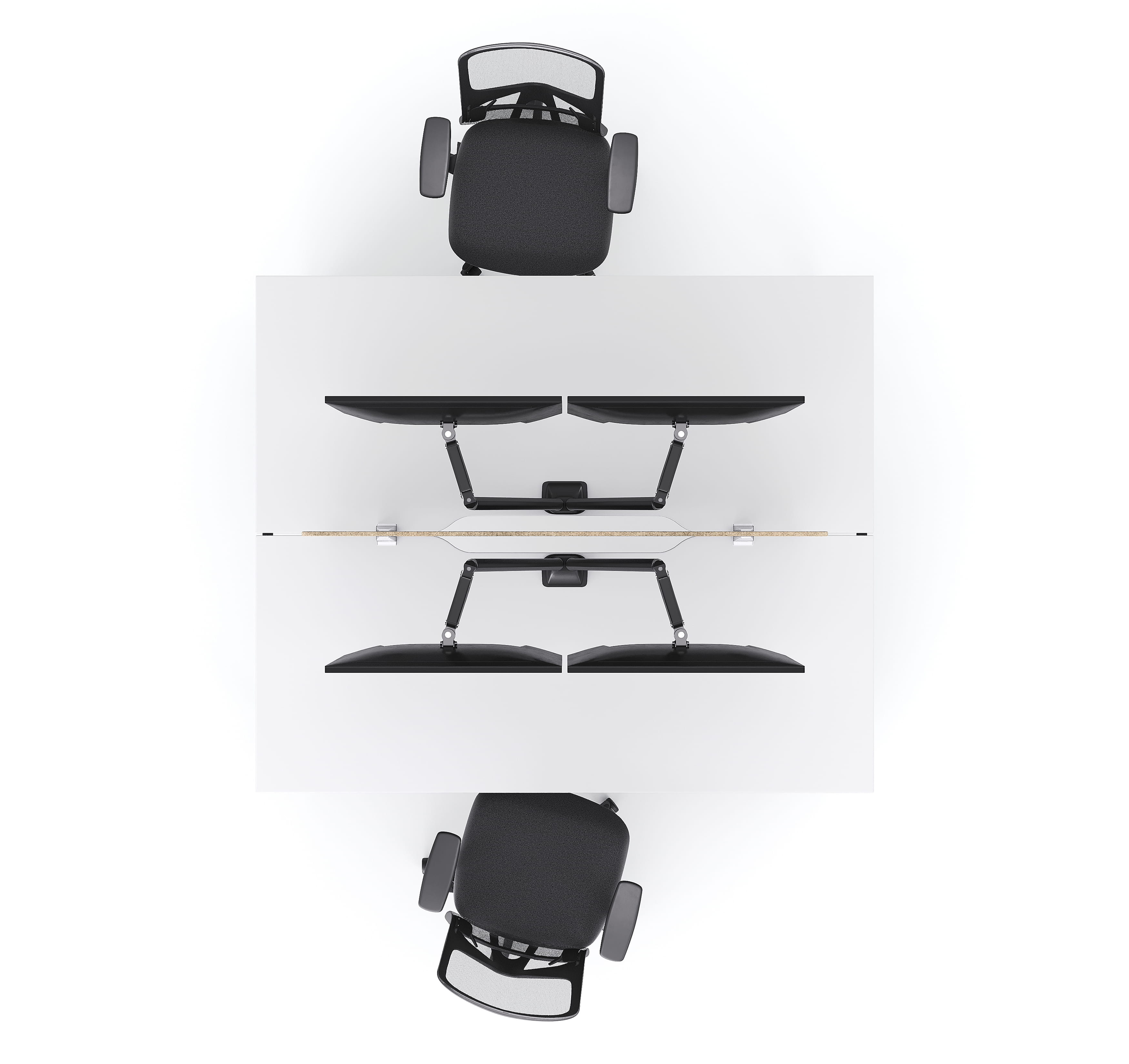Top view of workstation setup showing desk layout and chair positioning