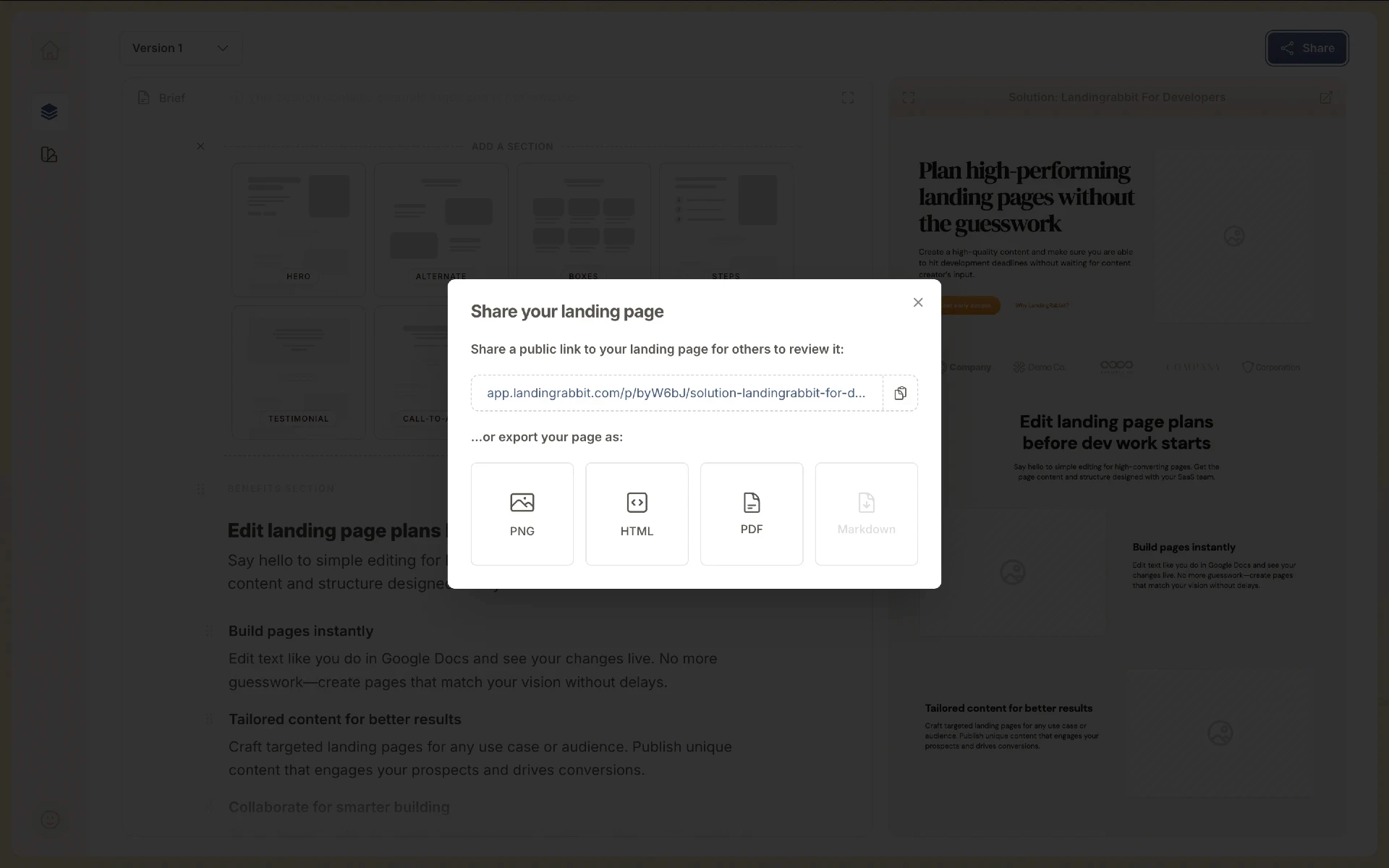 SaaS landing page plan export options