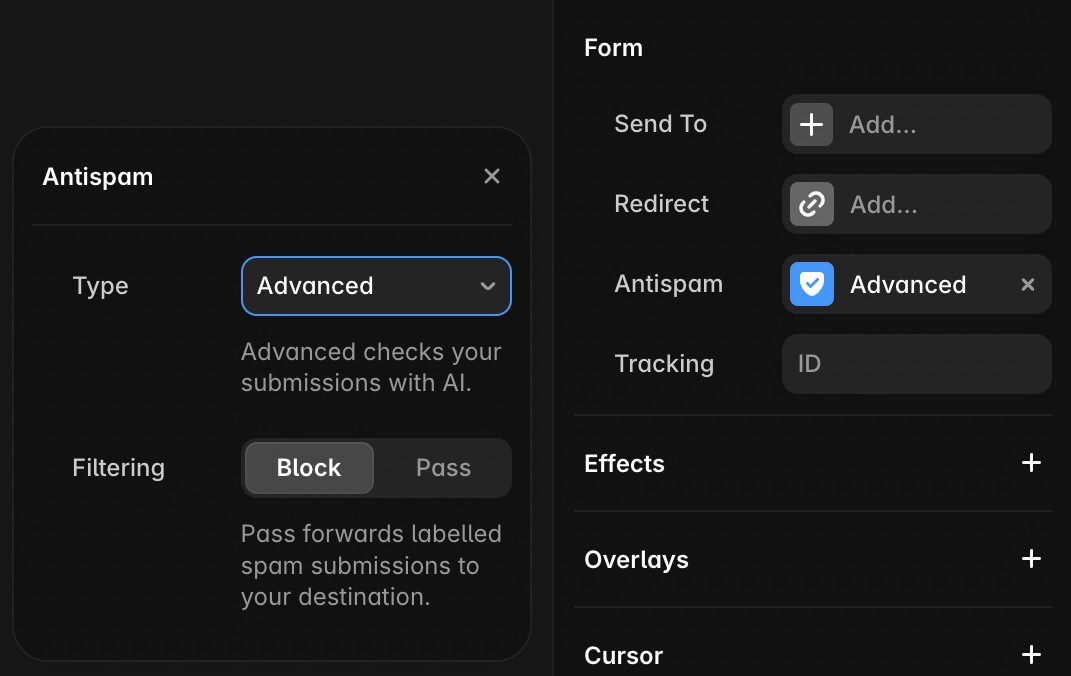 Antispam form config popout