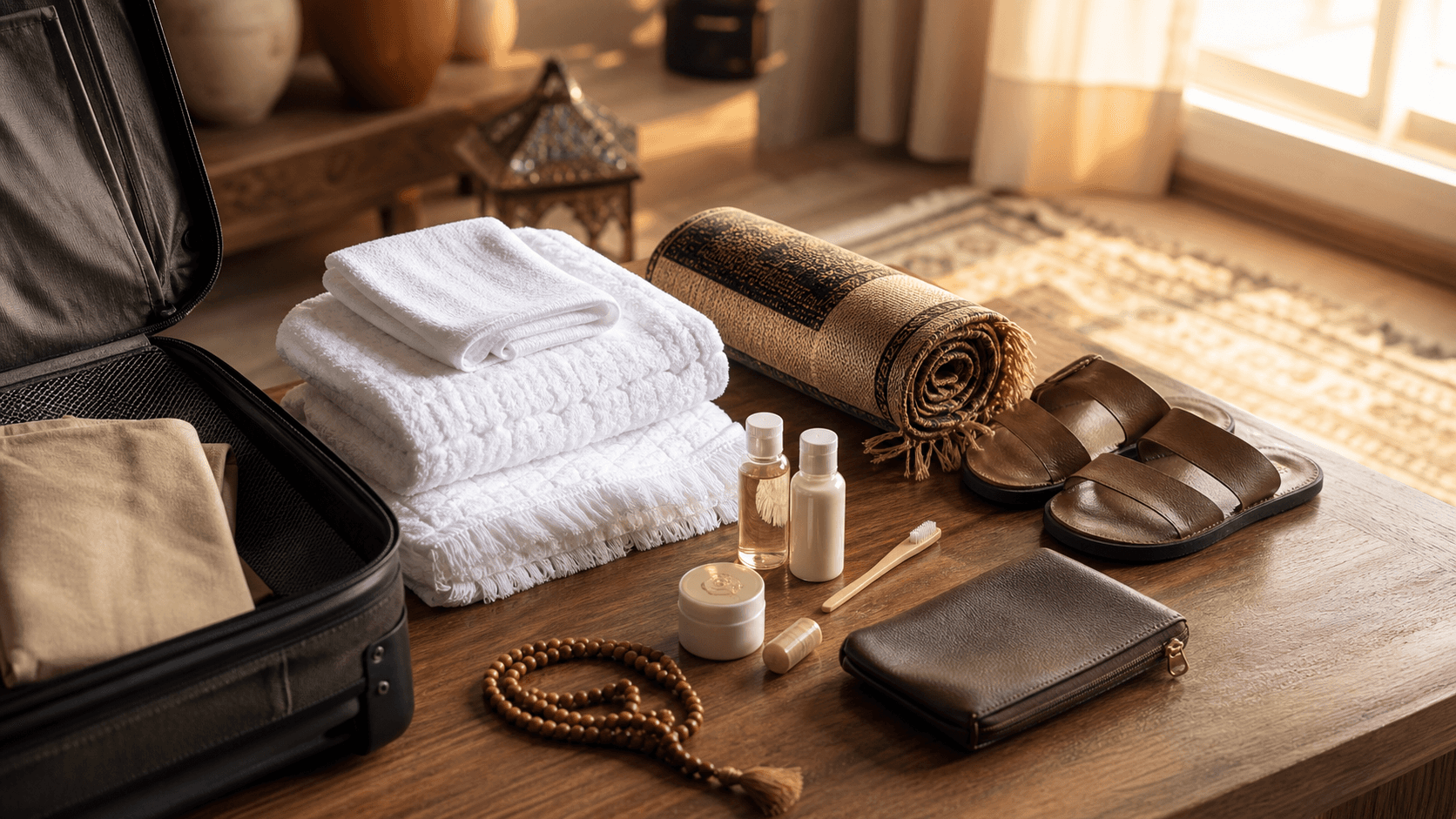 Pre-Hajj travel gift kit with ihram garments, prayer mat, sandals, attar and misbaha on a warm wooden table