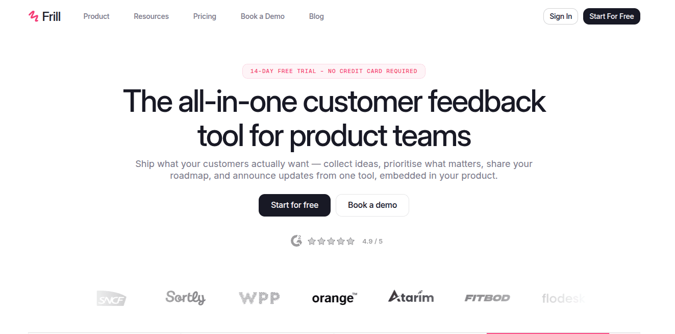 Frill homepage: "The all-in-one customer feedback tool for product teams" with 4.9/5 G2 rating