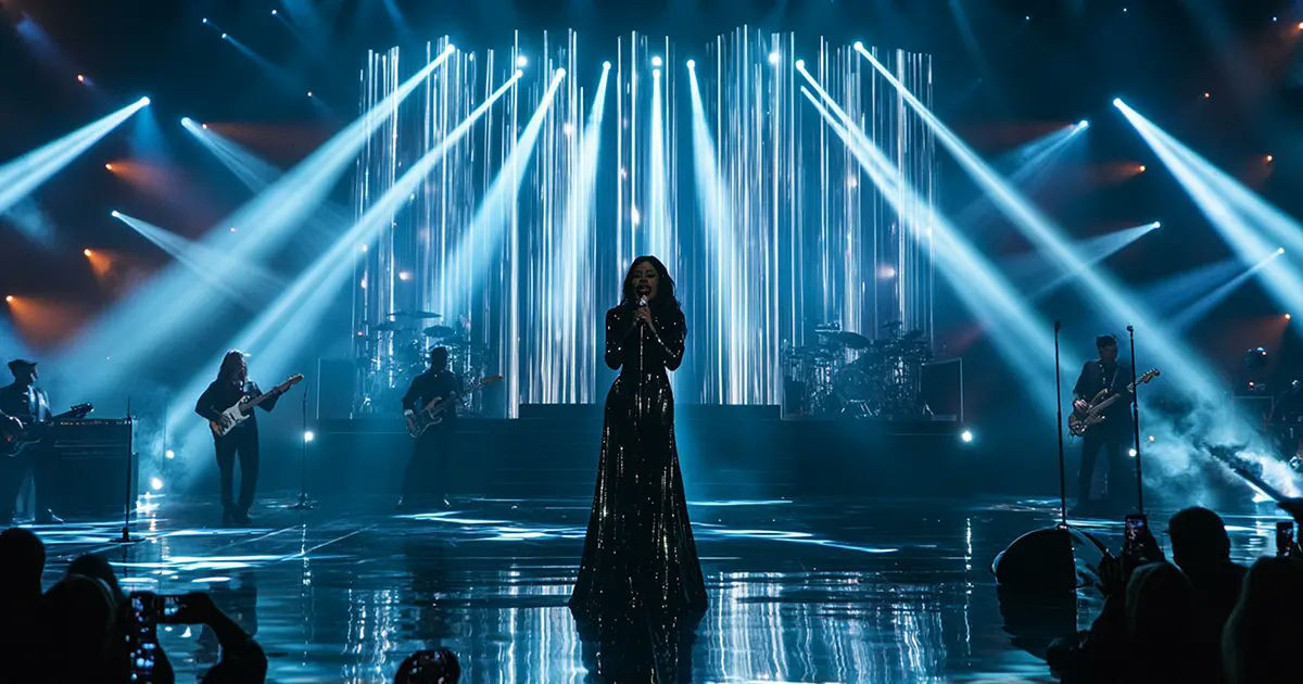 Beyonce performing on stage with a live band, dramatic lighting, and a futuristic backdrop.