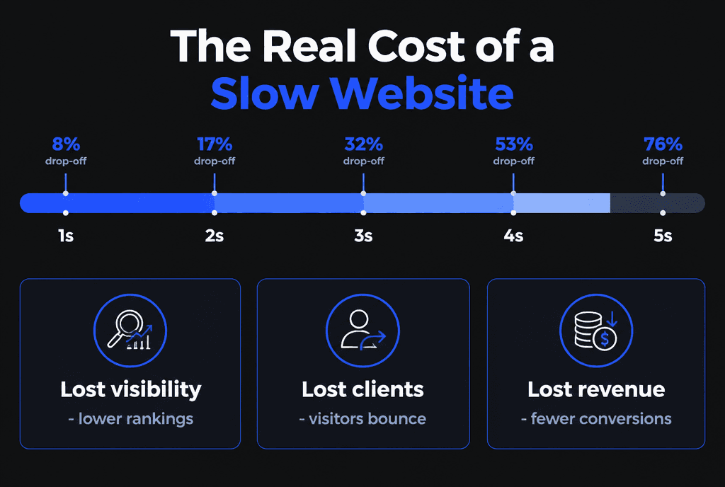 Infographic on the real cost of a slow website: lost visitors, lower conversions, wasted ad spend and weaker search visibility