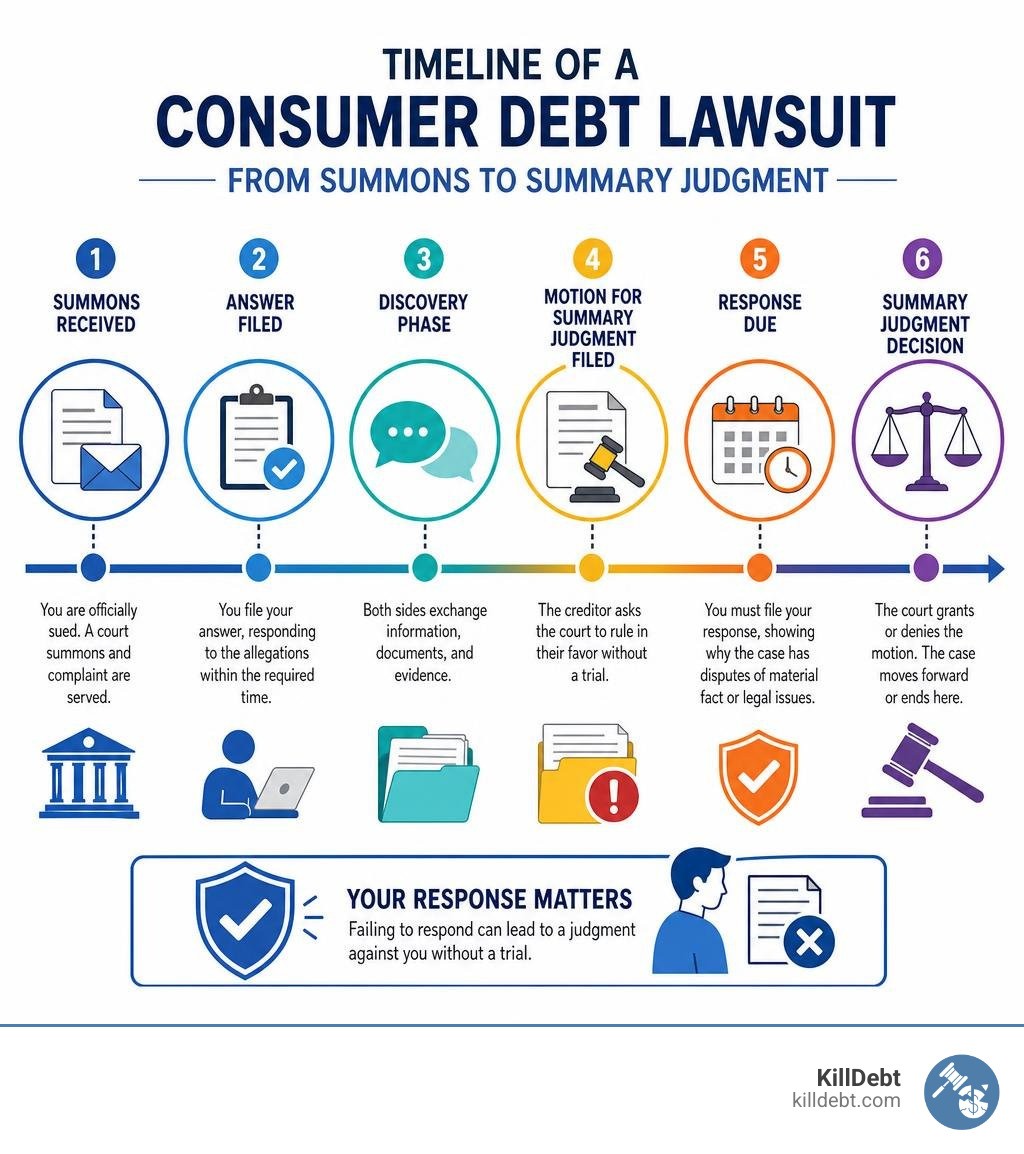 Timeline of a consumer debt lawsuit from summons to summary judgment infographic