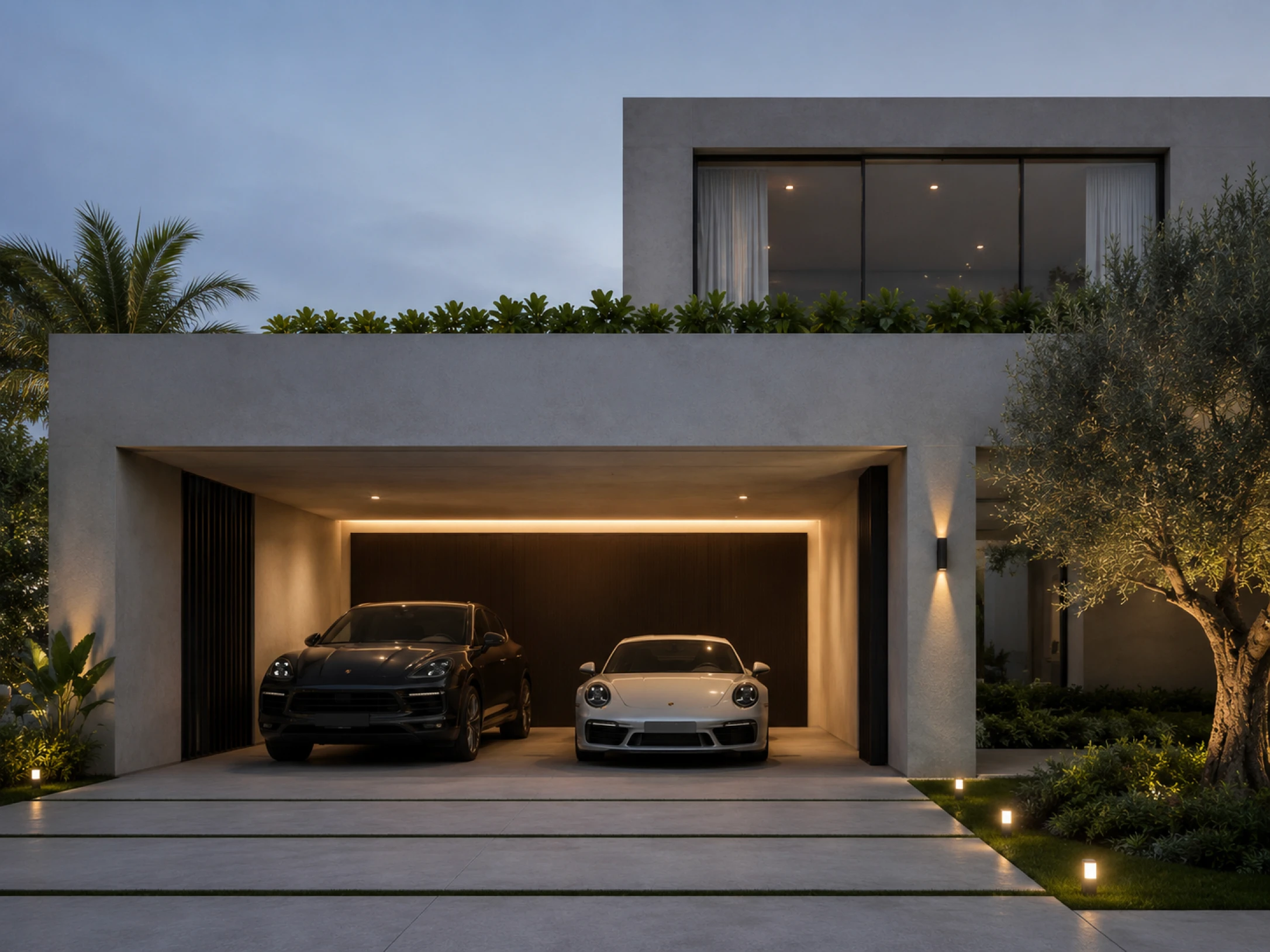 Garagem iluminada de uma casa moderna, com dois carros estacionados, jardim lateral e fachada de dois pavimentos.