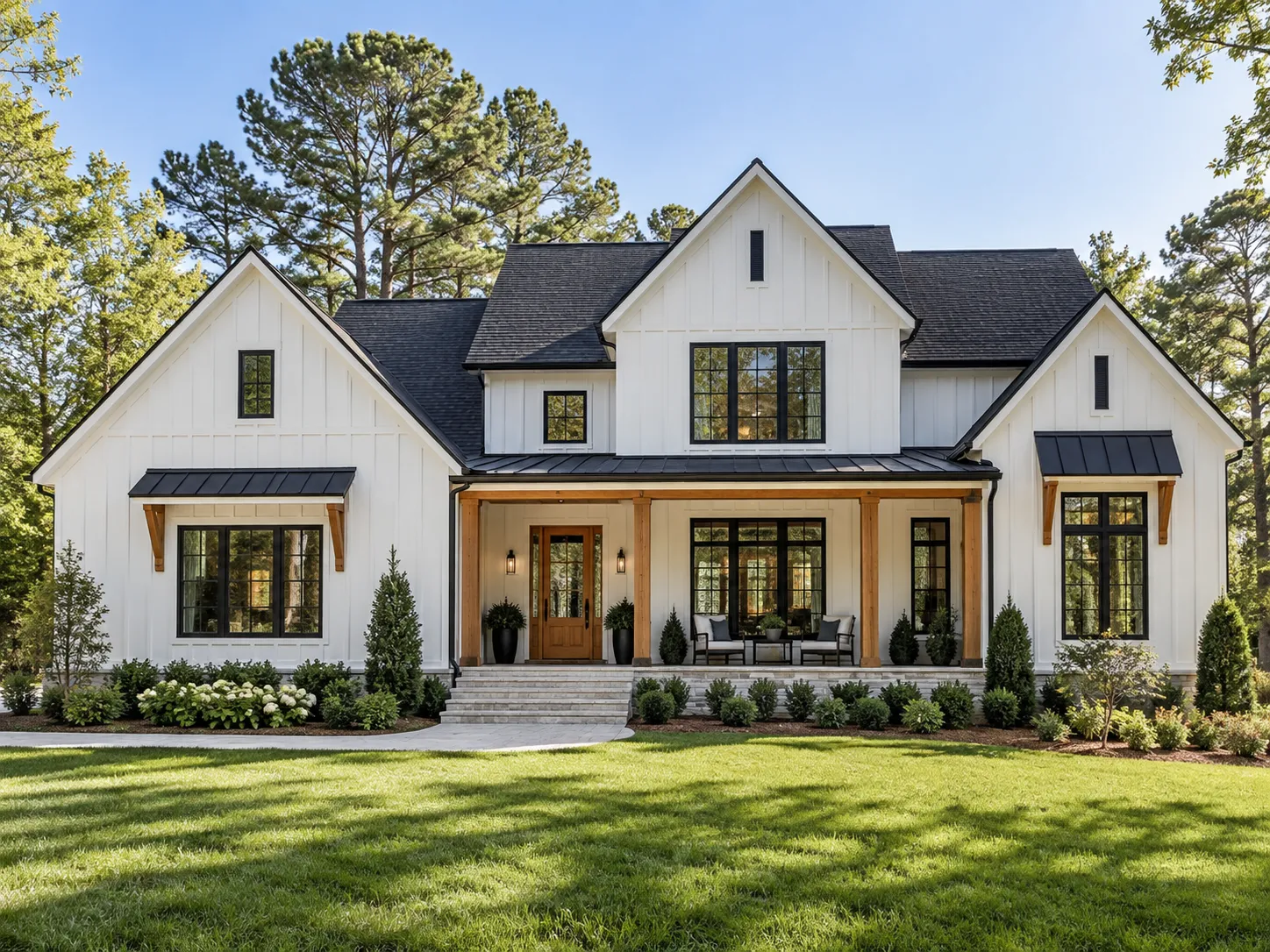 Modern farmhouse exterior painted white with black trim