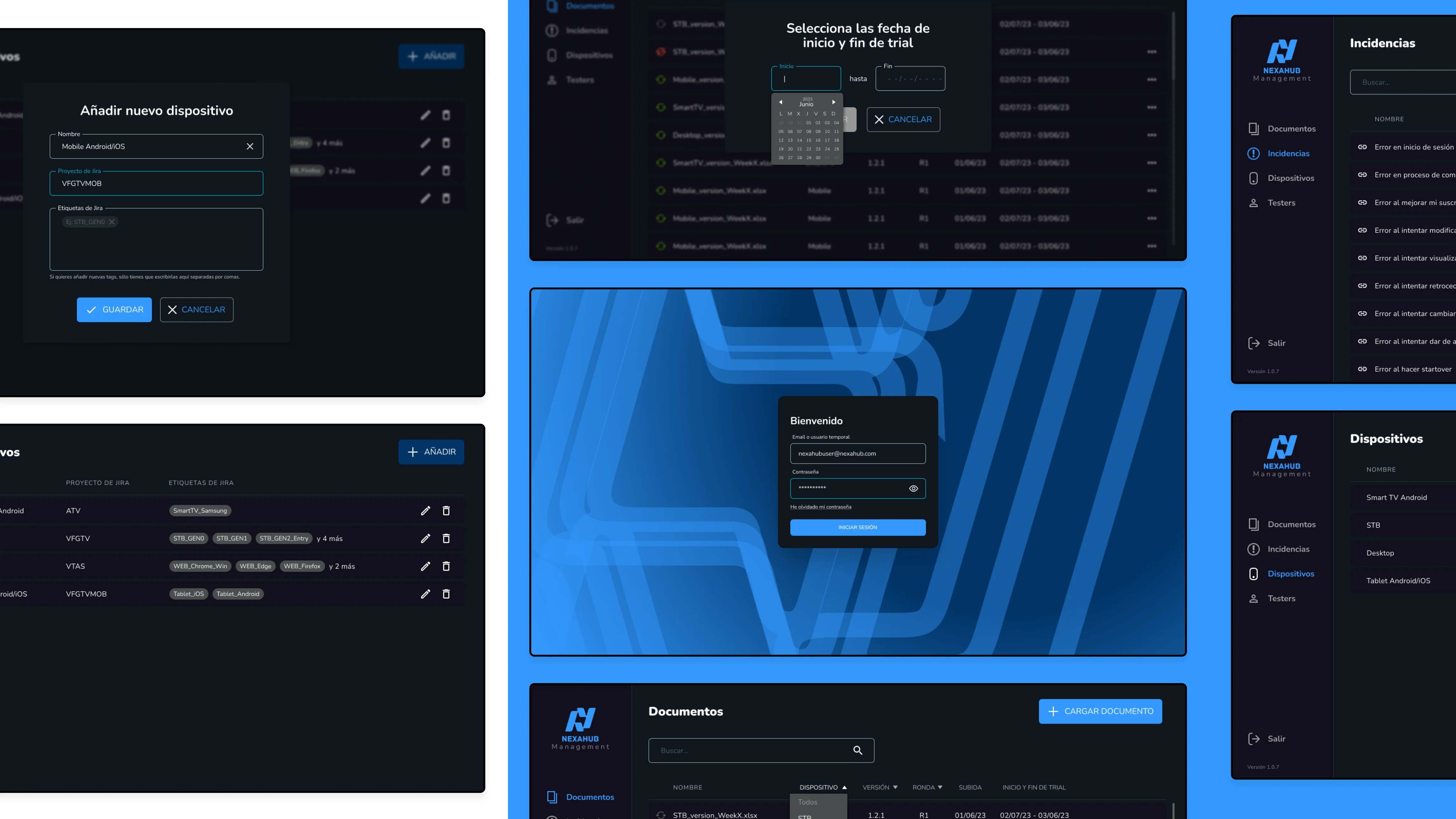A collection of blue and black screens displaying various types of information, representing mockups of a CMS app.