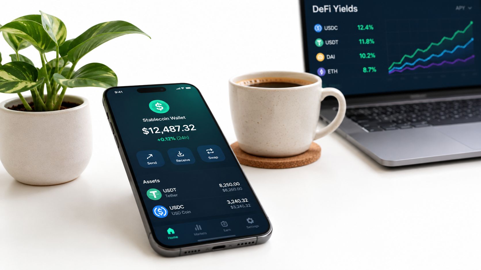 A smartphone displaying a crypto wallet app alongside a laptop showing DeFi yield statistics on a desk.