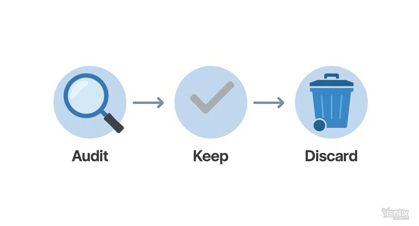 A flow chart illustrating a three-step process: Audit (magnifying glass), Keep (checkmark), and Discard (trash can).