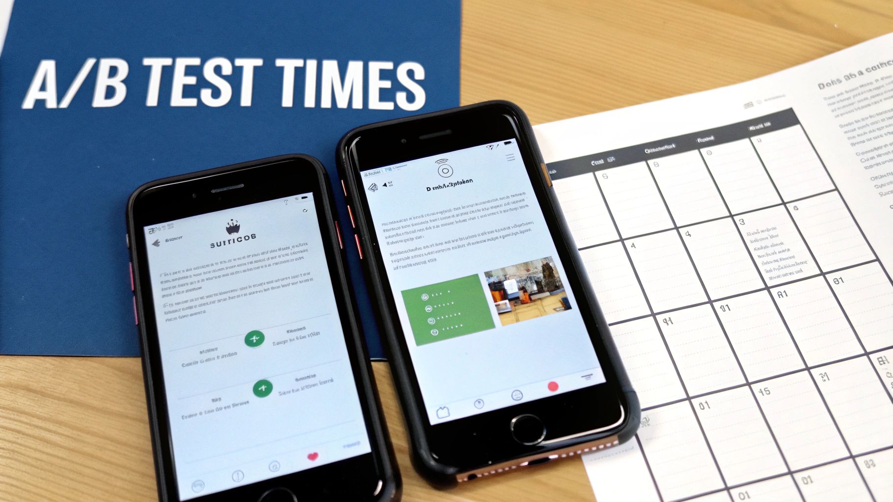 Two iPhones displaying mobile apps, a notebook labeled 'A/B Test Times', and a calendar for scheduling.