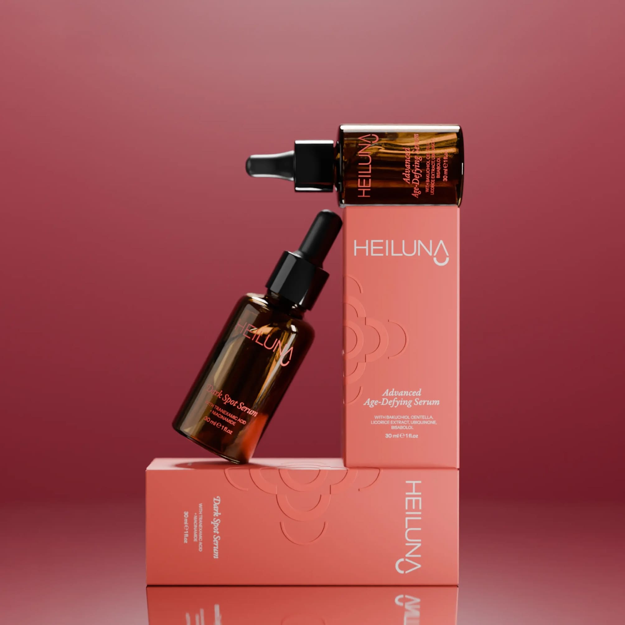Heiluna Advanced Age-Defying Serum and Dark Spot Serum 3D Modelling Luxury Cosmetic Packaging Design by The Ocean Design