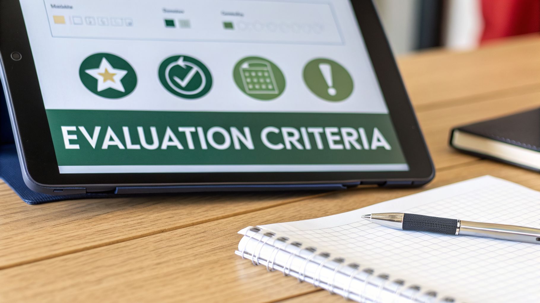 Tablet displaying 'EVALUATION CRITERIA' with icons, next to a notebook and pen on a wooden desk.