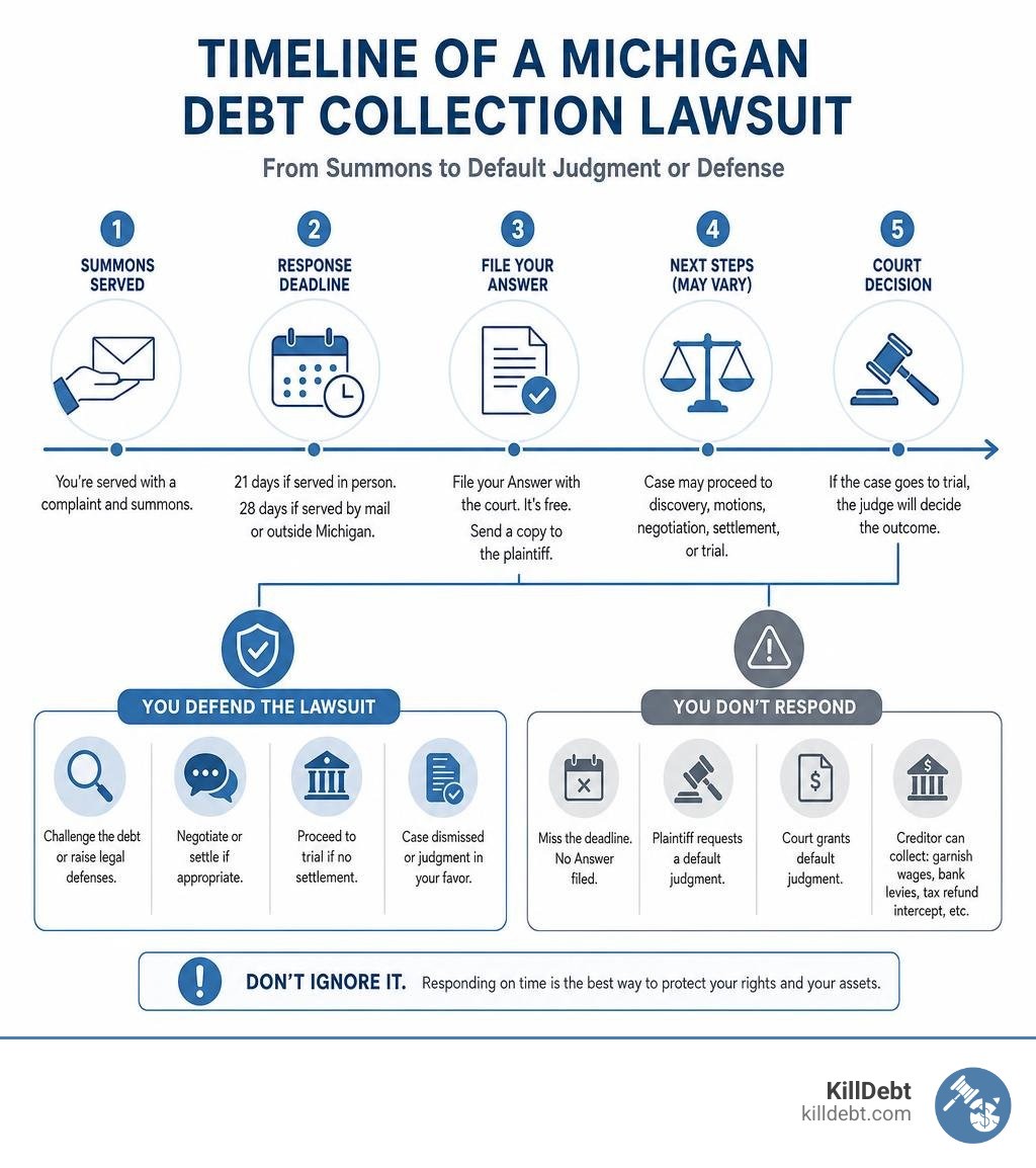 Timeline of a Michigan debt collection lawsuit from summons to default judgment or defense infographic
