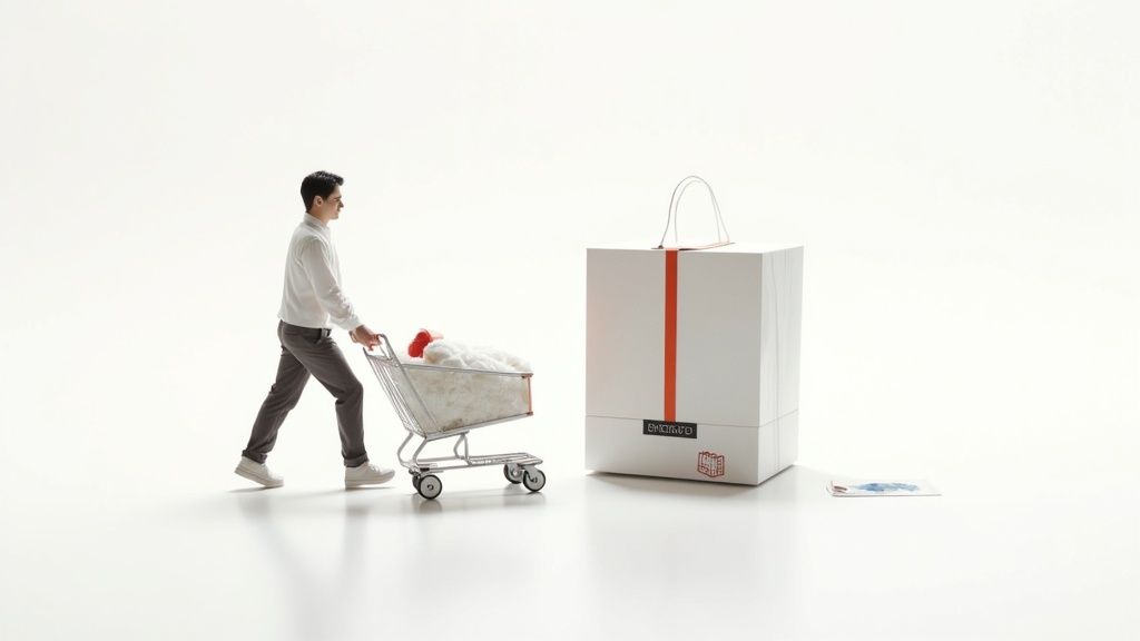 A man pushes a shopping cart filled with white material towards a large white package with an orange stripe.