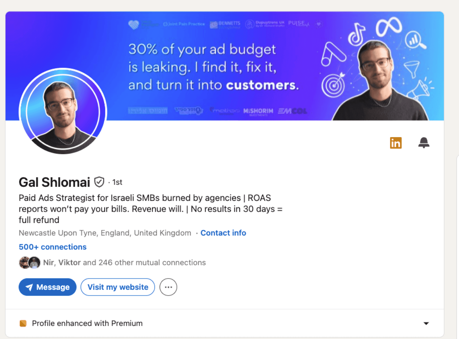 Gal Shlomai's LinkedIn profile after the rewrite, blue banner with one sentence and Israeli client logos