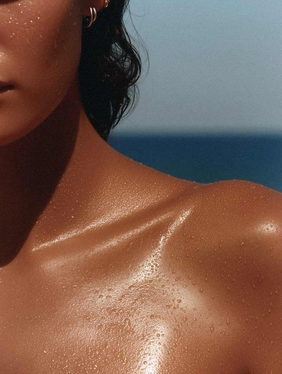 Elegant close-up of a shoulder, showcasing flawless skin and manicured nails with a soft, radiant texture.