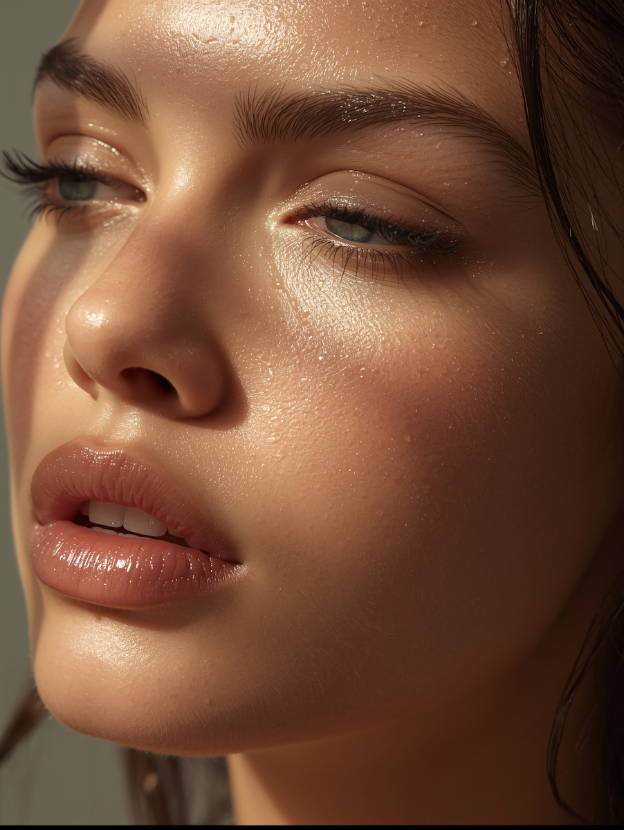Close-up of a person with soft, natural makeup, looking thoughtfully with closed eyes and slightly parted lips.