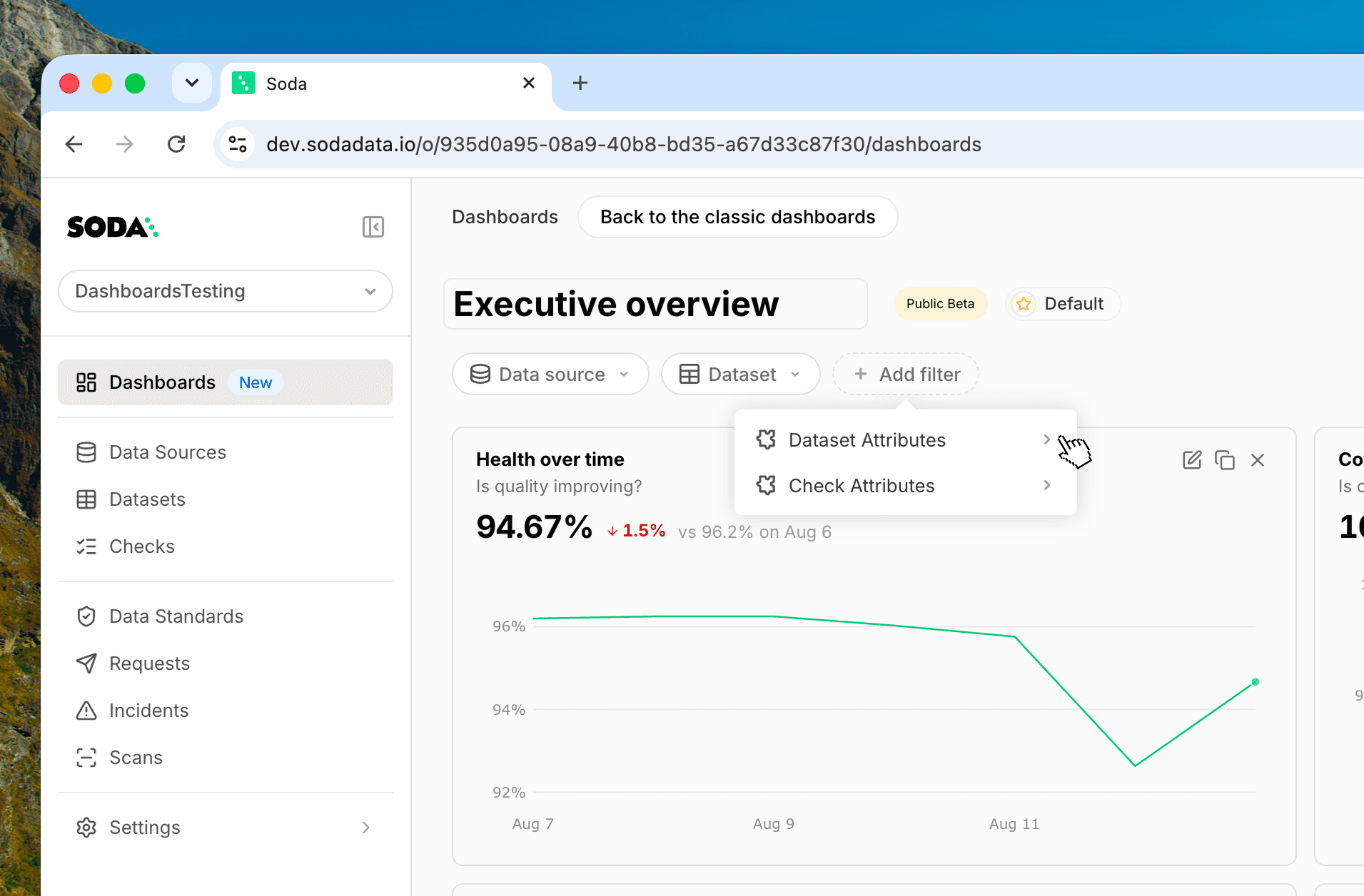 Filter bar on a Soda dashboard, filtering every tile on the board by data source, dataset, or a custom attribute