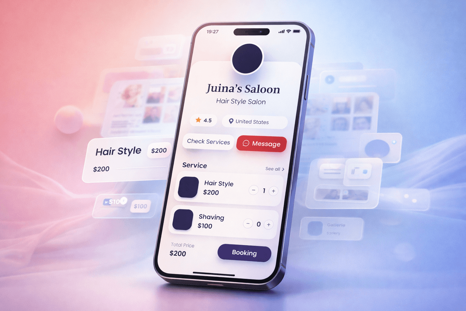 A detailed salon profile page where users can view services, check pricing, select options, and complete bookings effortlessly with real-time updates.