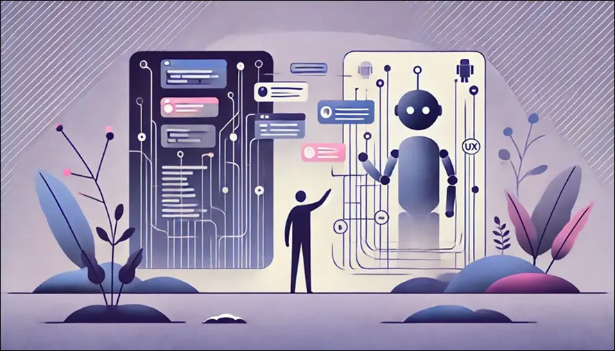 AI interface design concept showing human interaction with artificial intelligence system and UX complexity.