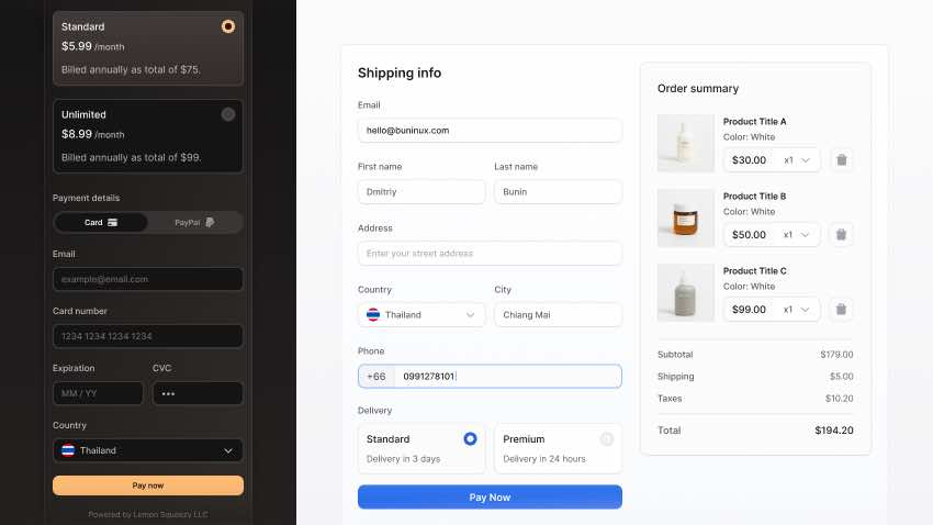 Checkout page UI with order summary, payment form, and responsive purchasing layout