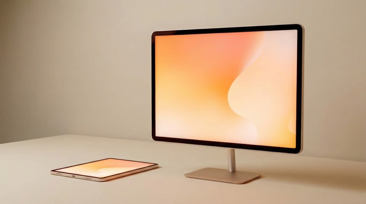 A tablet and large monitor display a soft, warm gradient of orange and peach tones on a beige desk, creating a minimalist and calming atmosphere.