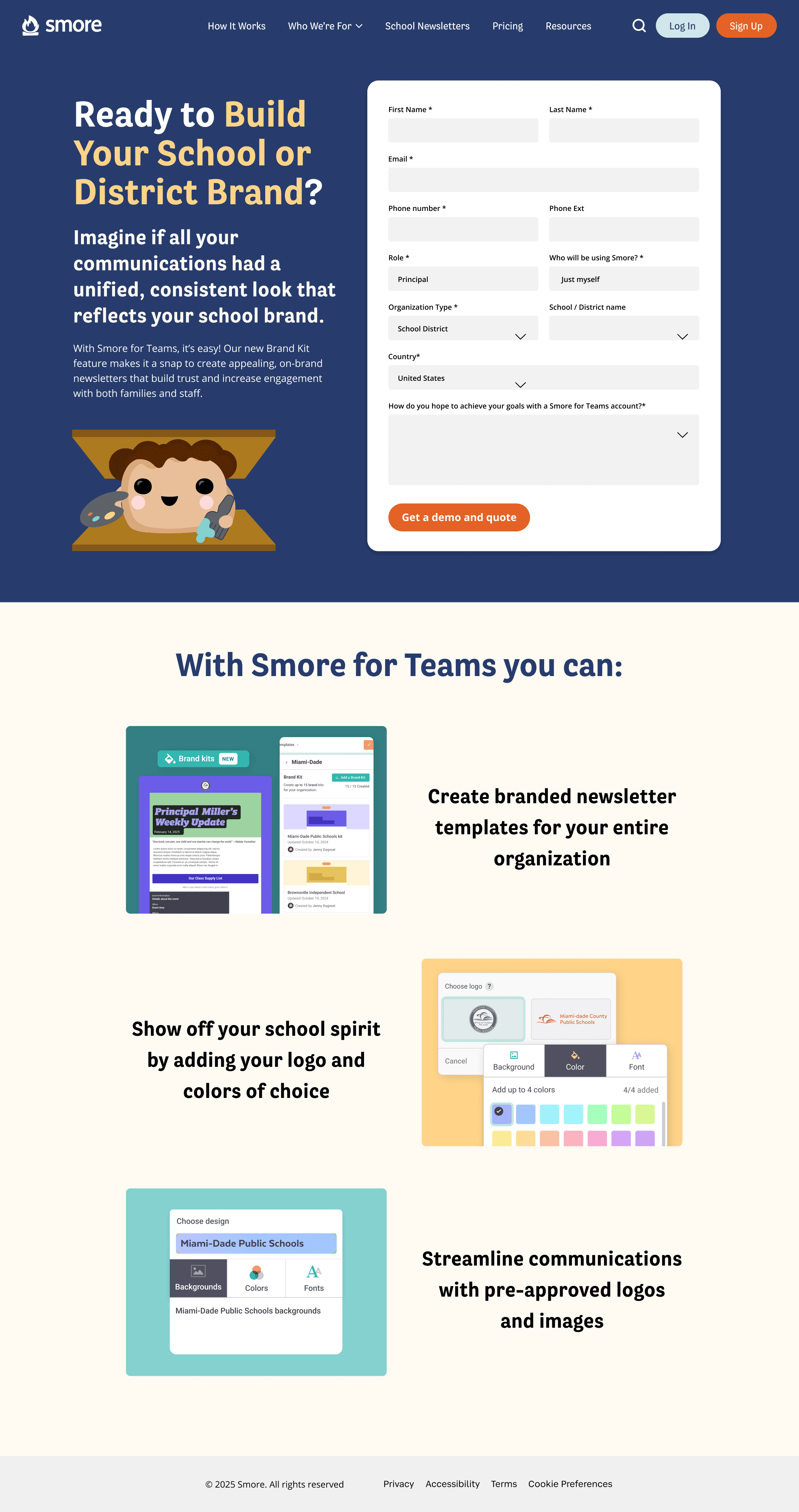 Landing page for B2B upsell and cross-sell of B2C customers to enterprise product. The selling point is building your school or district brand using brand kits and special features
