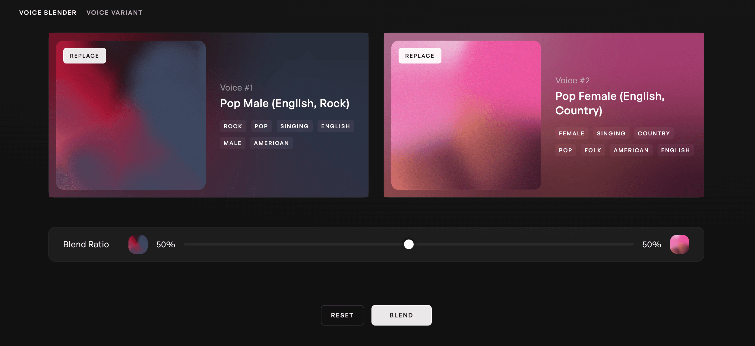 A voice blender tool with the Male Pop Rock voice and Female Pop Country voice
