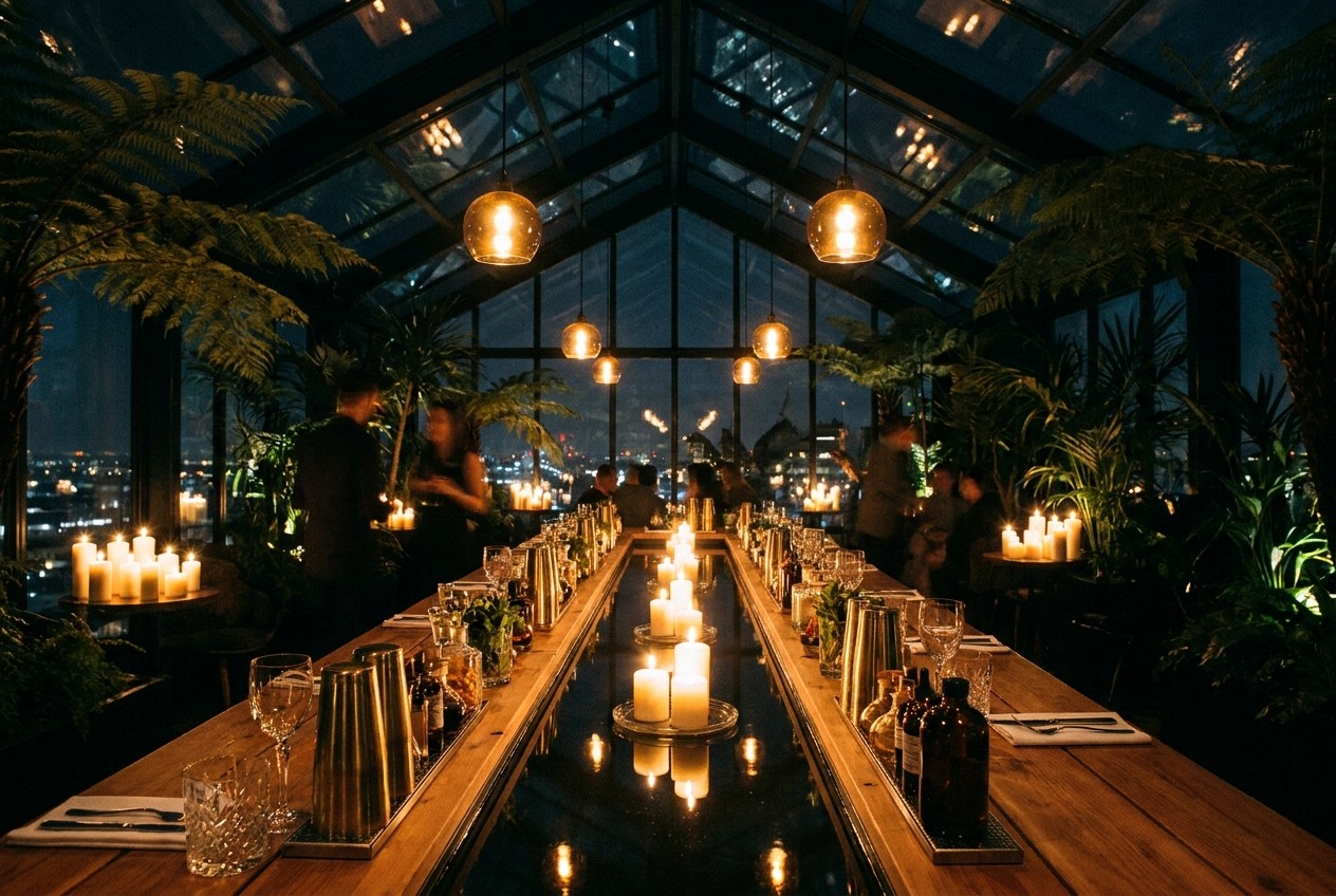 The same room after dark, set as a candlelit botanical bar