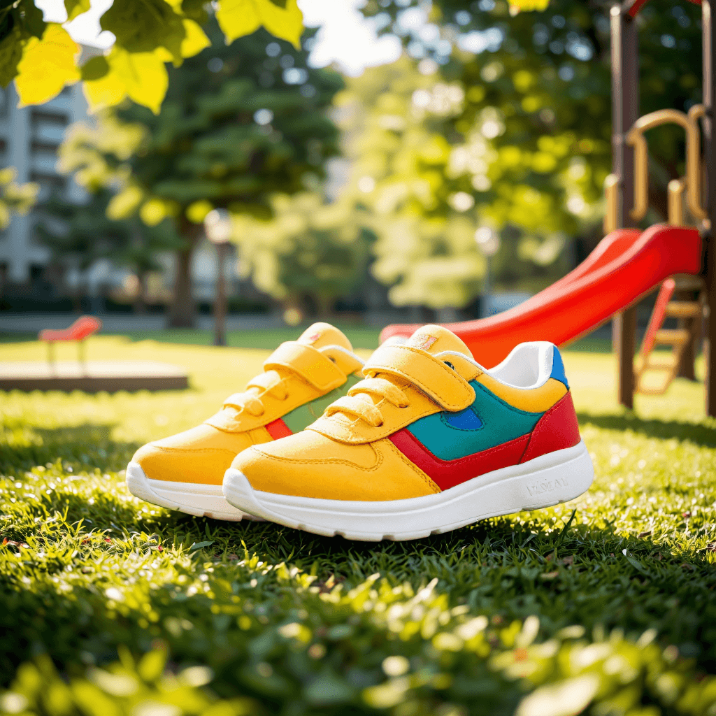 product photography of a pair of colorful children's sneakers