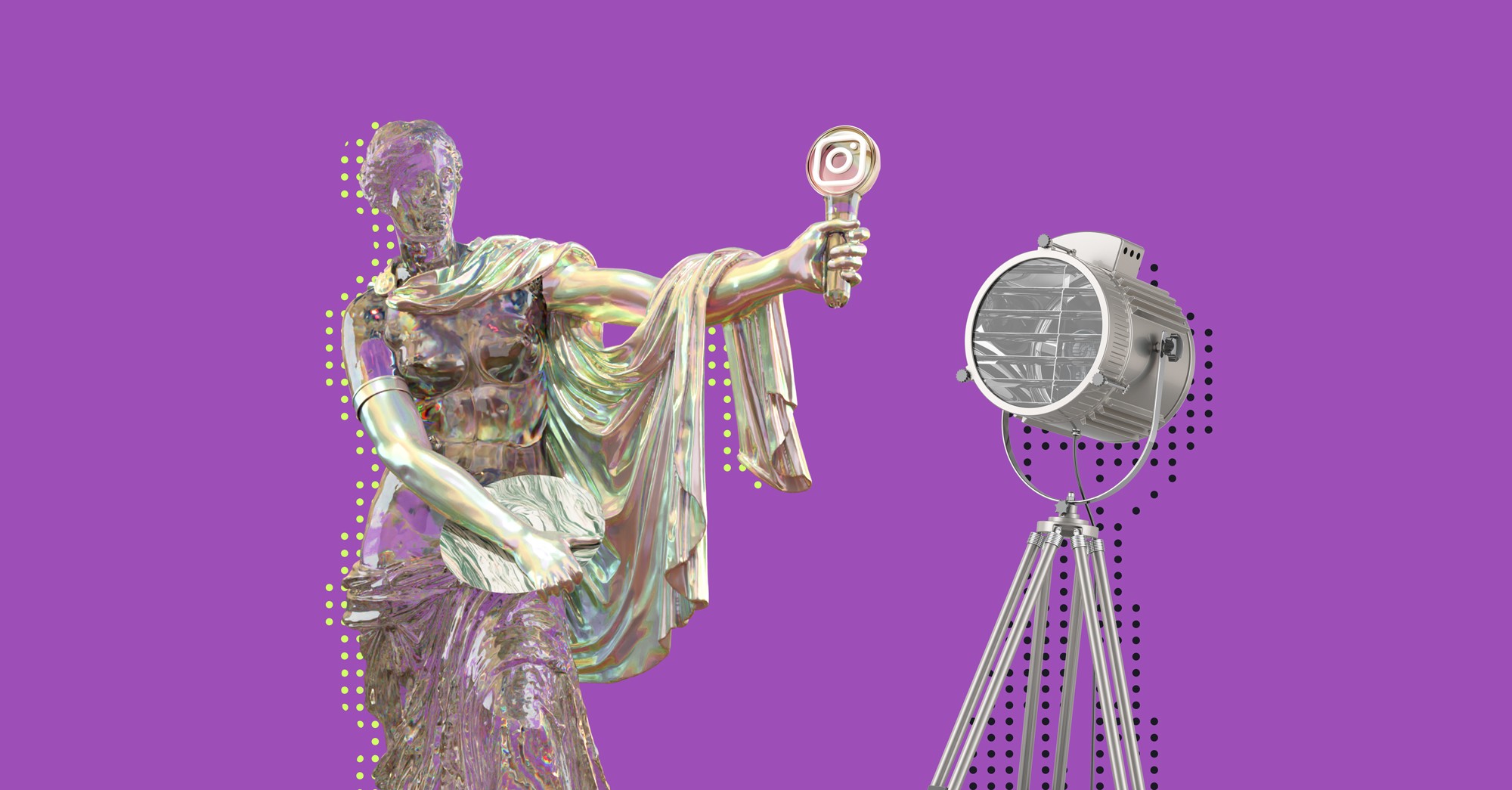 Estatua antigua holográfica con un espejo de red social en fondo violeta brillante.