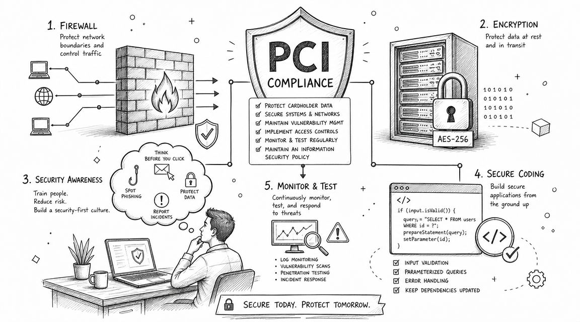 A hand-drawn illustration detailing five key PCI compliance requirements including firewalls, encryption, security awareness, and monitoring.