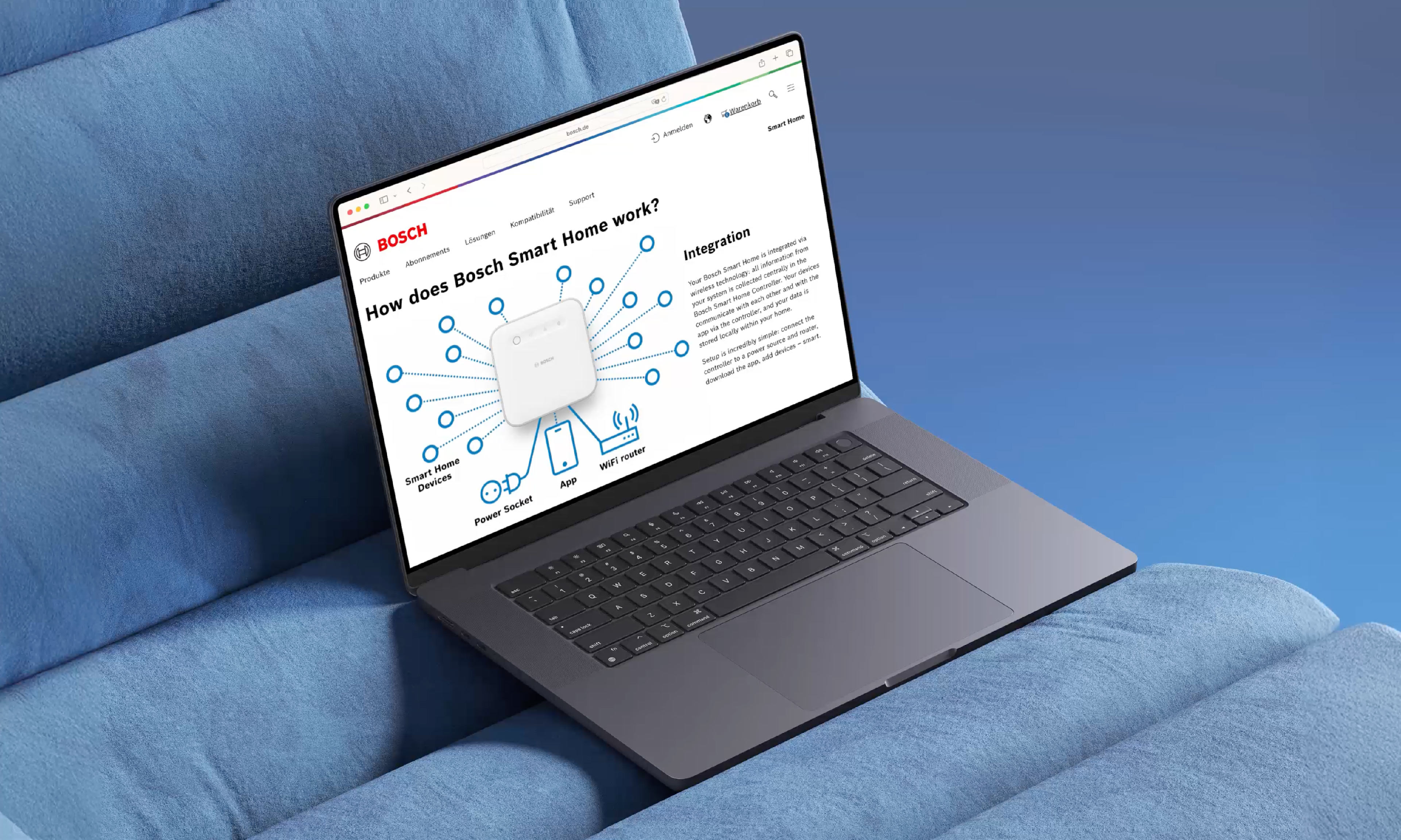 Auf dem Bildschirm ist eine Bosch-Webseite mit einem vernetzten Smart-Home-Gerät und blauen Verbindungssymbolen zu sehen