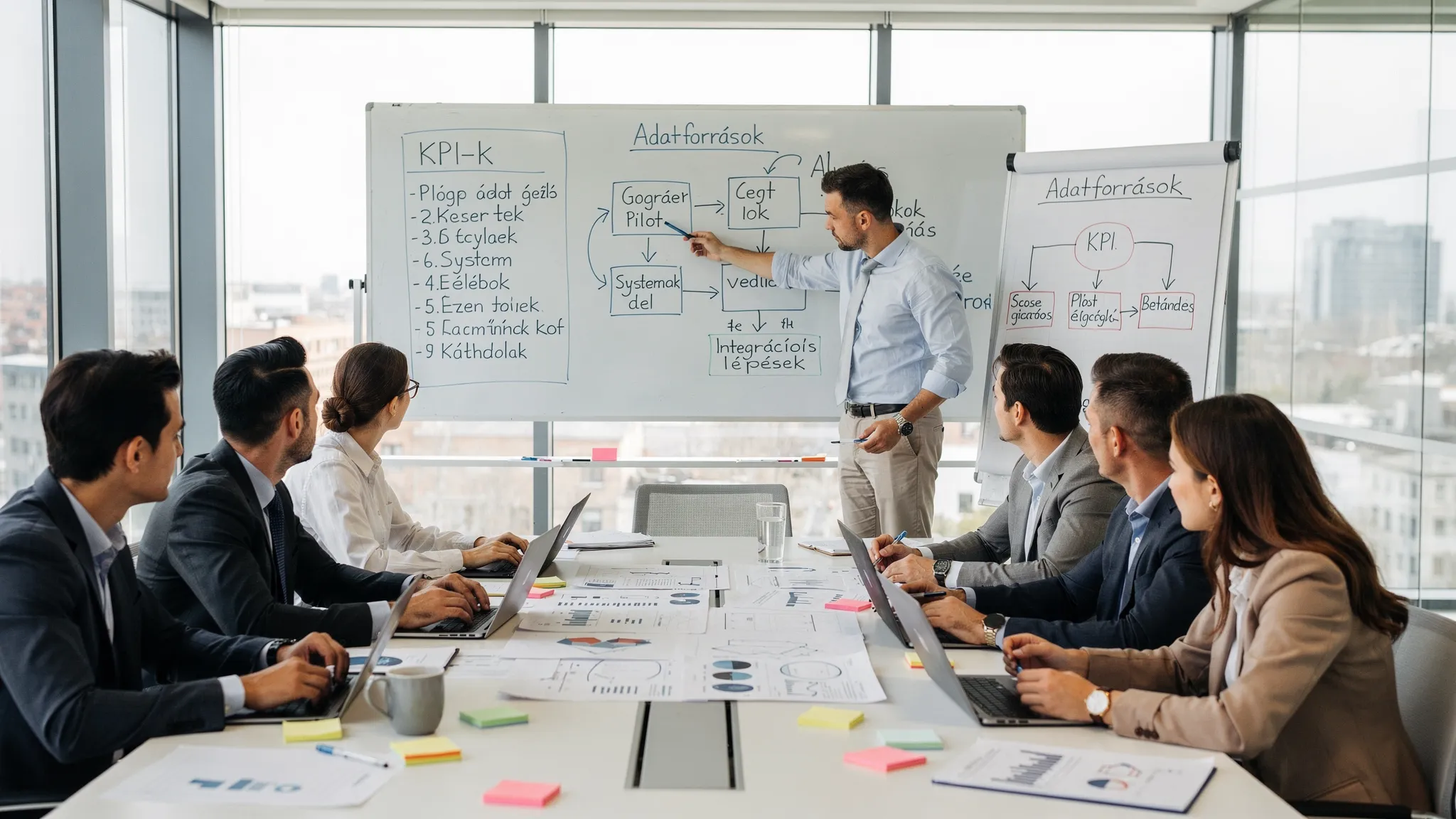 Workshop jelenet: üzleti és IT szereplők közösen tervezik egy AI agent pilot scope-ját, táblán KPI-k, adatforrások és integrációs lépések vázlata látható.