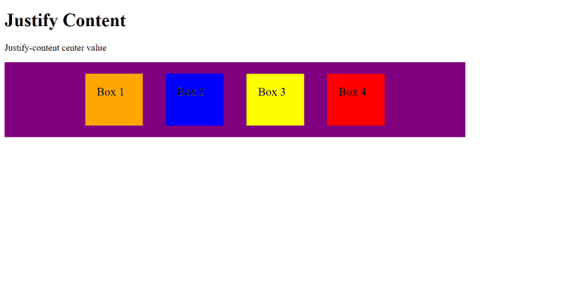 Four flex items being contained in a flex container with justify content center value applied