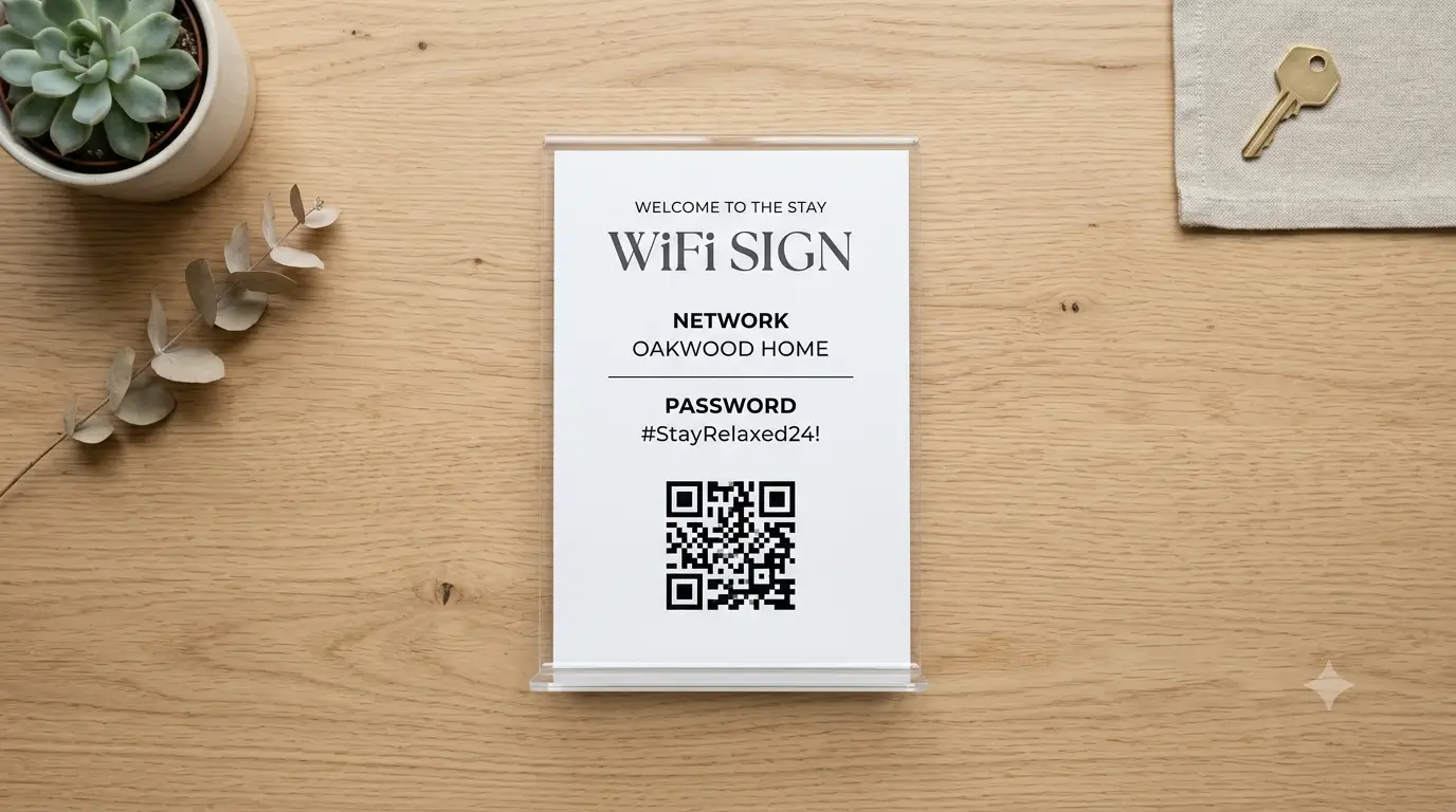 Printable WiFi sign template for a vacation rental displayed in an acrylic stand.