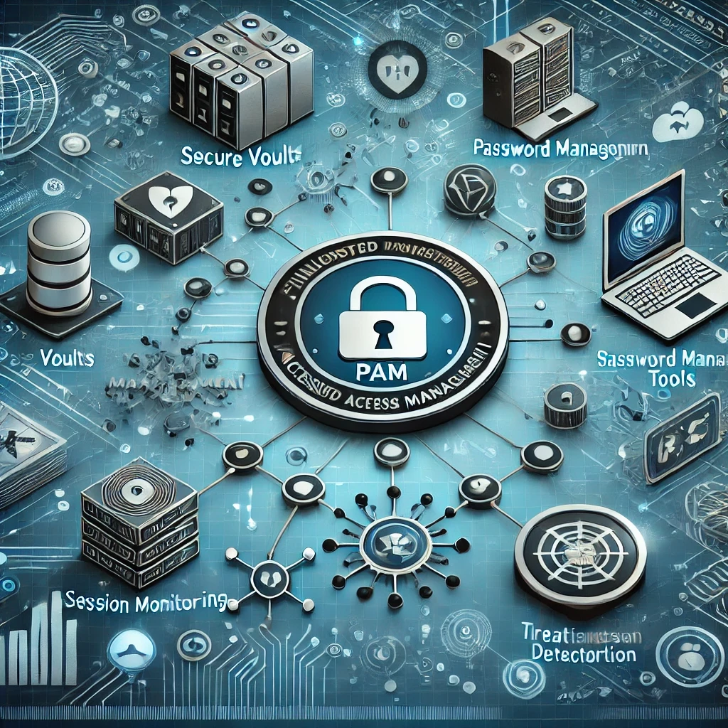 An image featuring various Privileged Access Management (PAM) solutions. This illustration includes icons representing secure vaults, password management tools, session monitoring, and threat detection systems. The design emphasizes a connected network of security measures, showcasing the importance of comprehensive PAM strategies to protect sensitive data and manage privileged access.