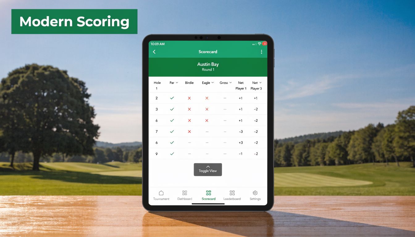 A digital tablet displaying a golf scorecard app interface against a blurred golf course background.
