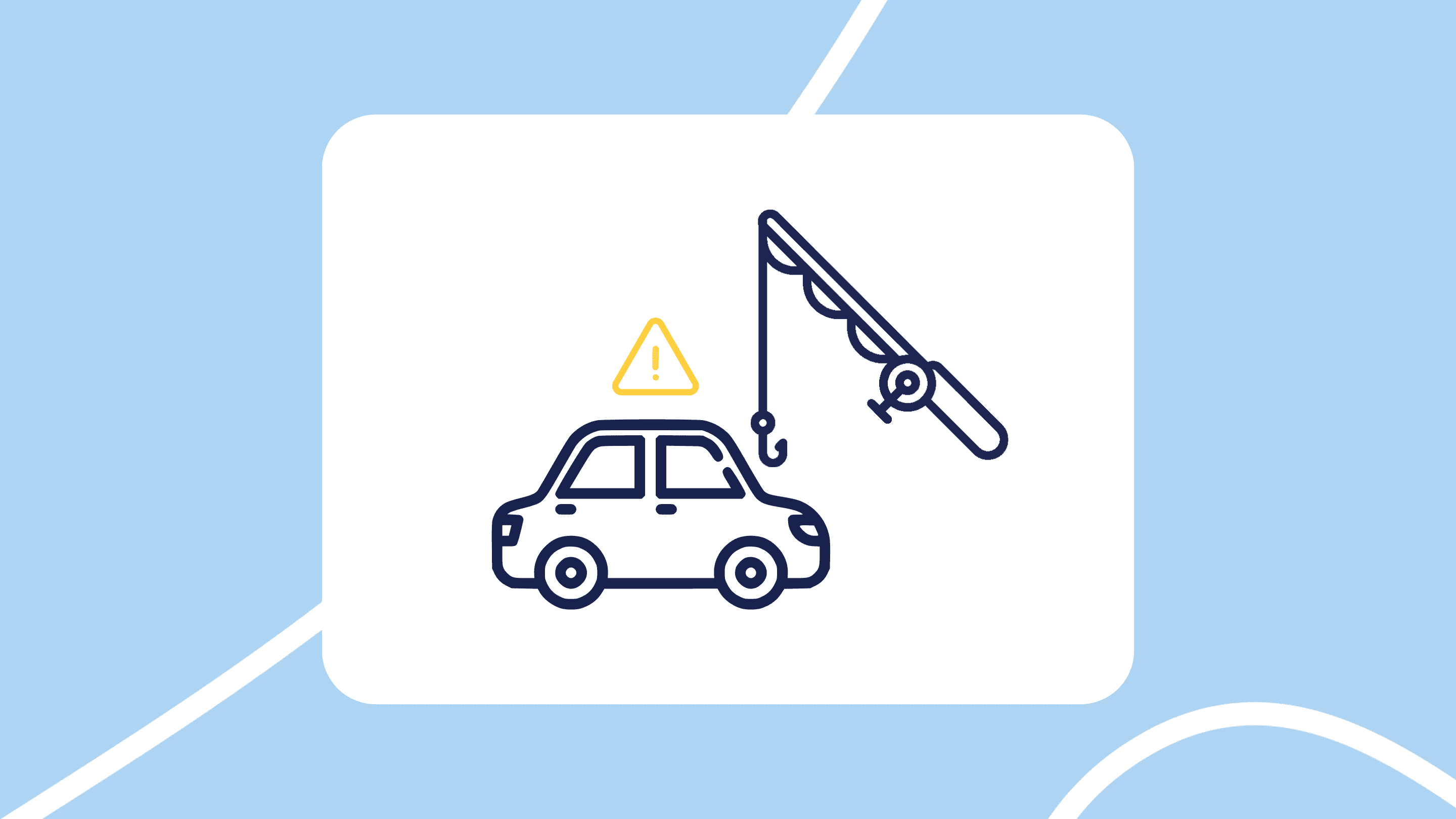 Minimalist illustration: a car with a warning triangle above it and a fishing hook approaching from the right, symbolising a car-related scam or phishing attempt.