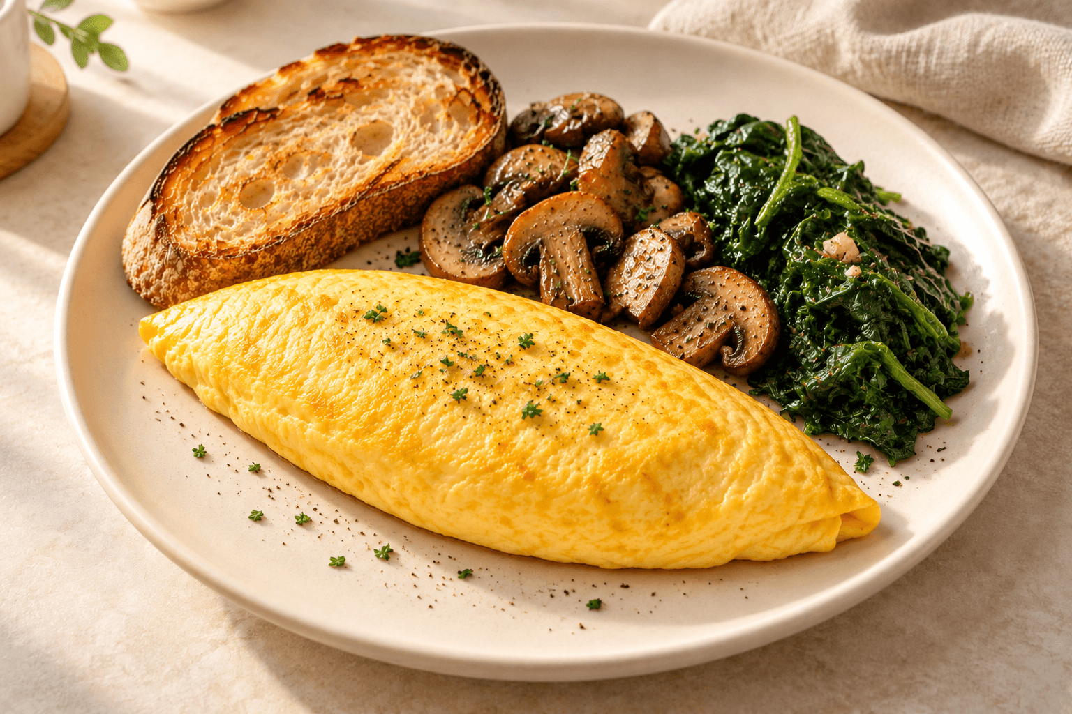 Golden omelette served with sautéed spinach, browned mushrooms and sourdough toast