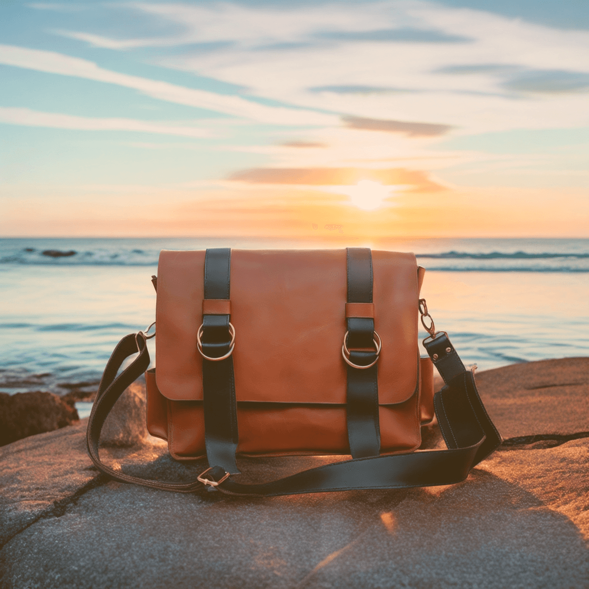 Leather bag over a rock in the coast. Image generated by AI using Fuzer