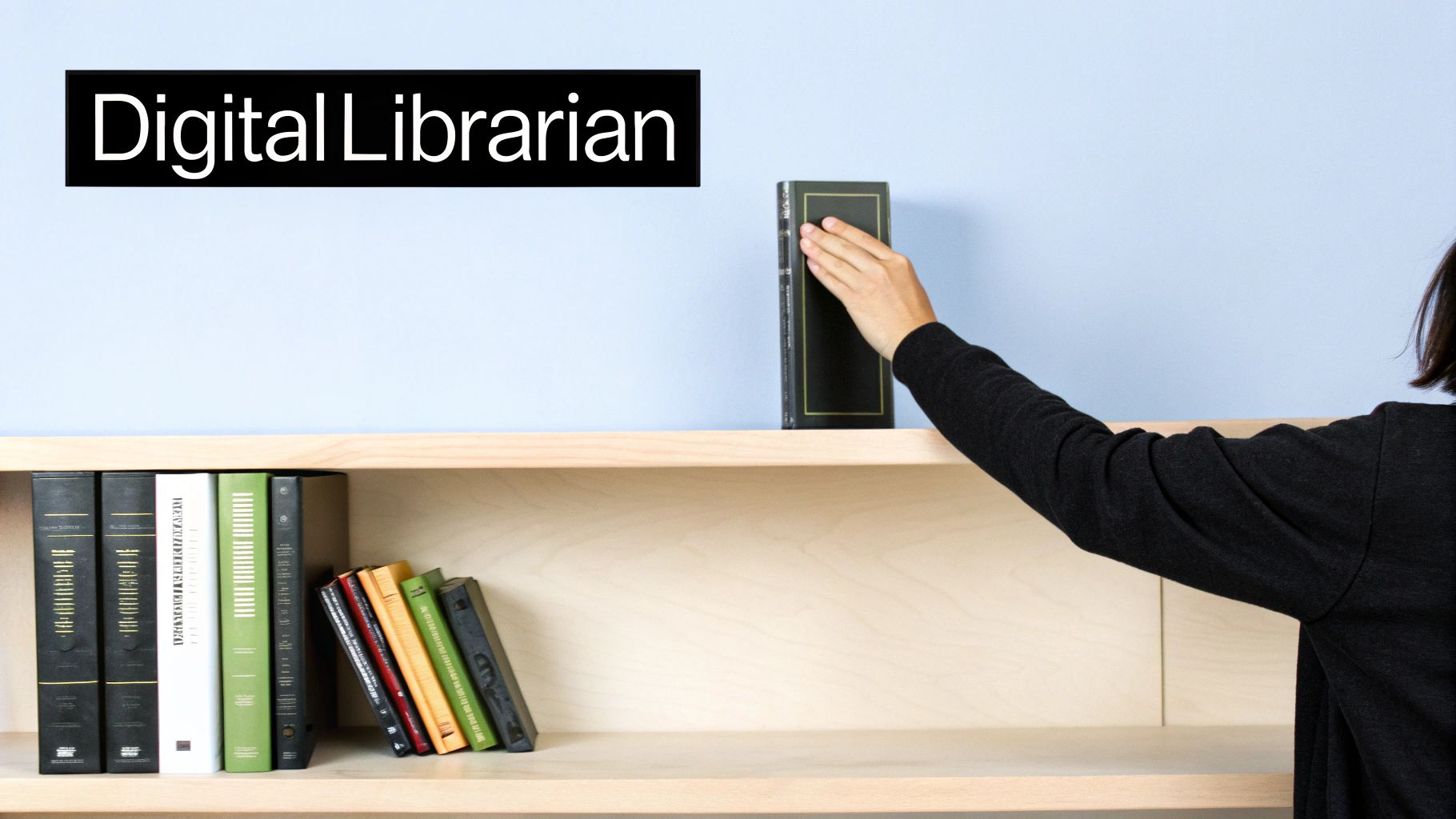 A person places a black book on a wooden shelf under a 'Digital Librarian' sign.