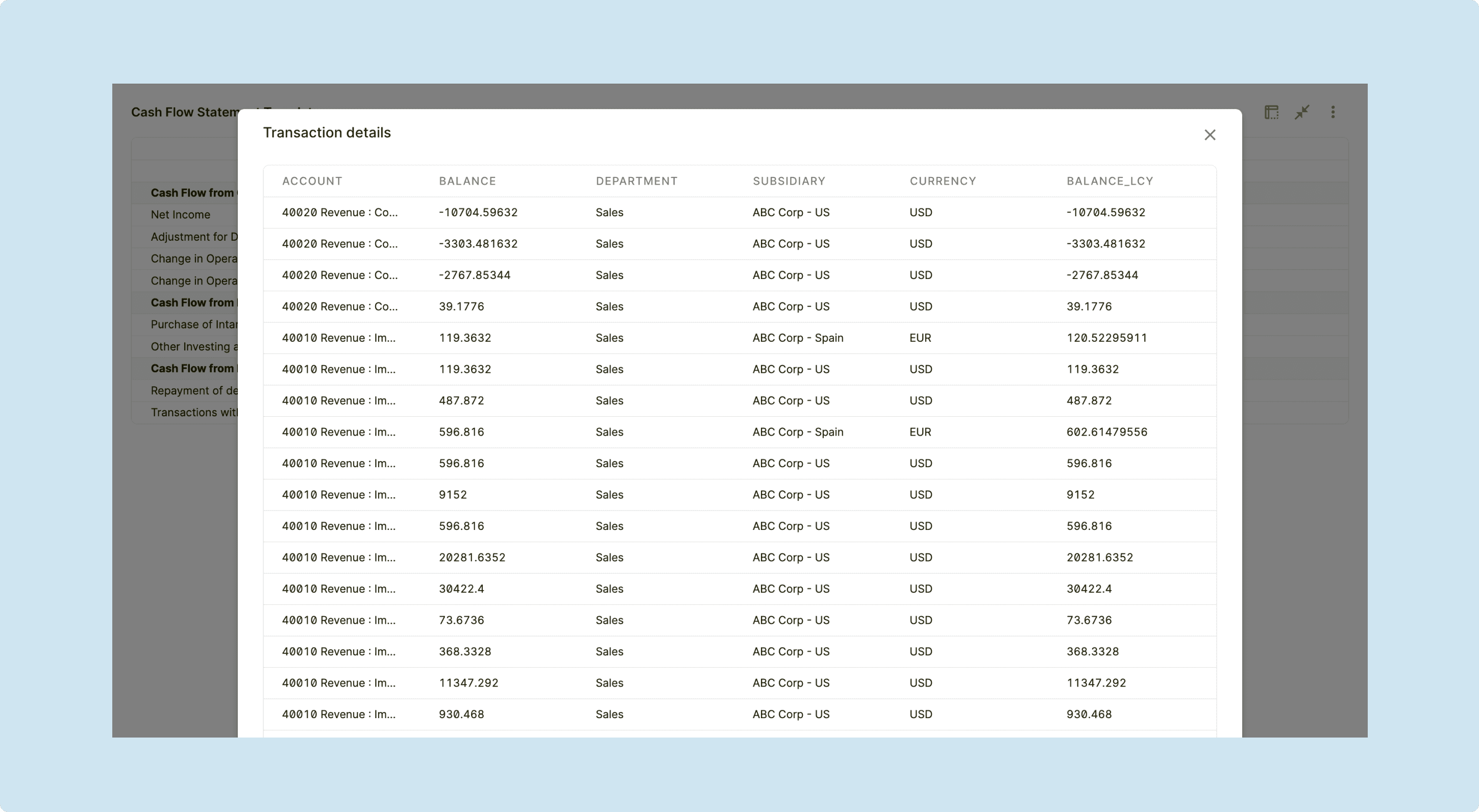 Cash flow drill down capabilities