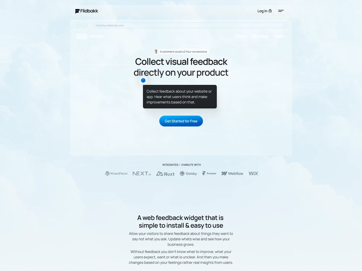 Fiidbakk startup website template featuring a visual feedback product landing page.