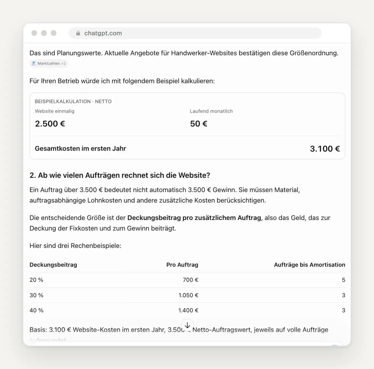 ChatGPT Intelligent UI mit Kostentabelle und Kalkulationskarte für eine Handwerker-Website
