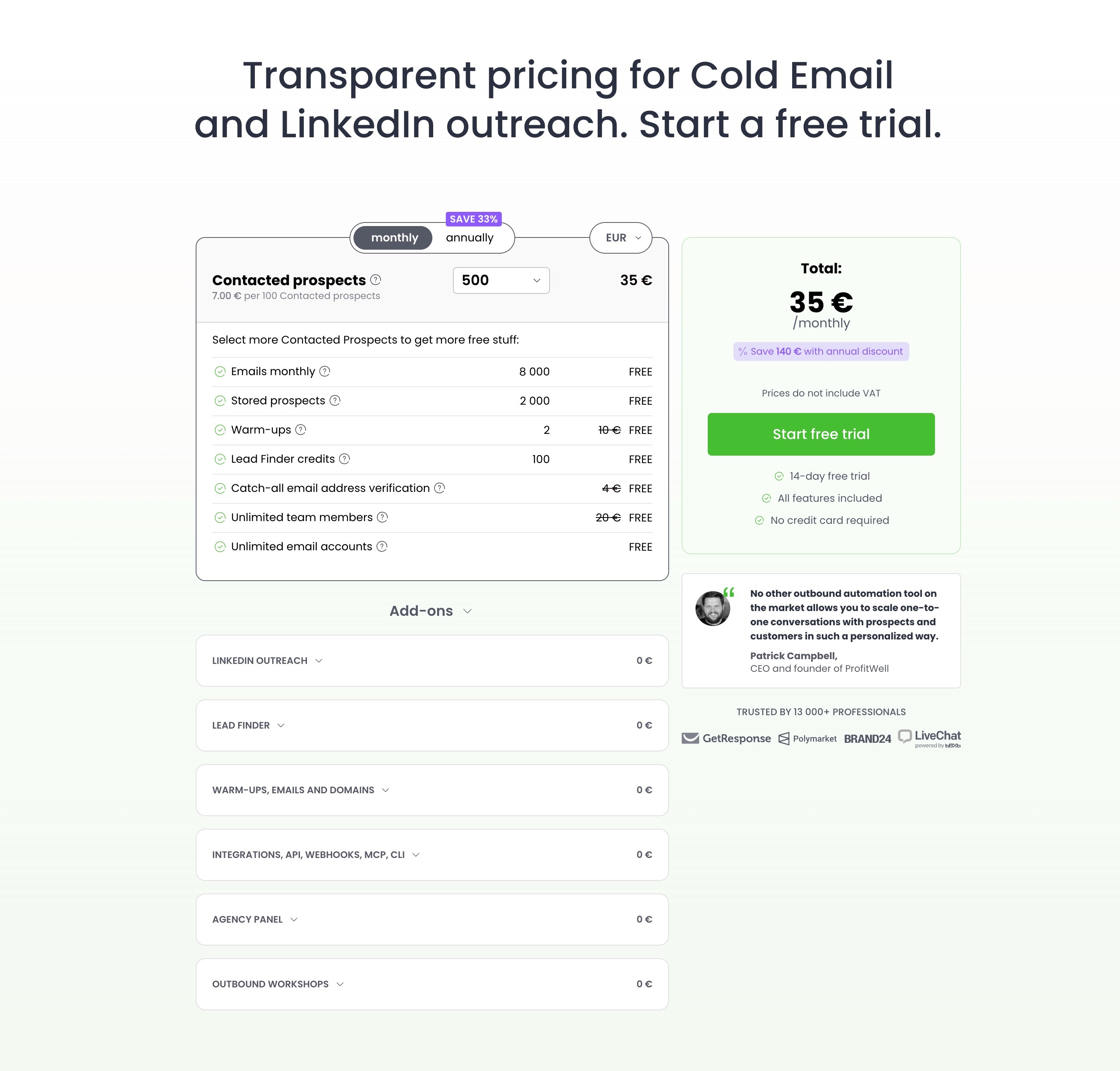 Woodpecker, the pricing calculator showing the per prospect rate and the add-on list