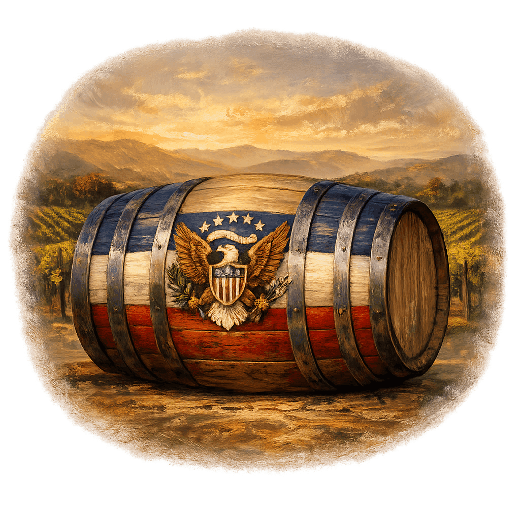 Wine barrel featuring the United States national emblem for regional wine education.