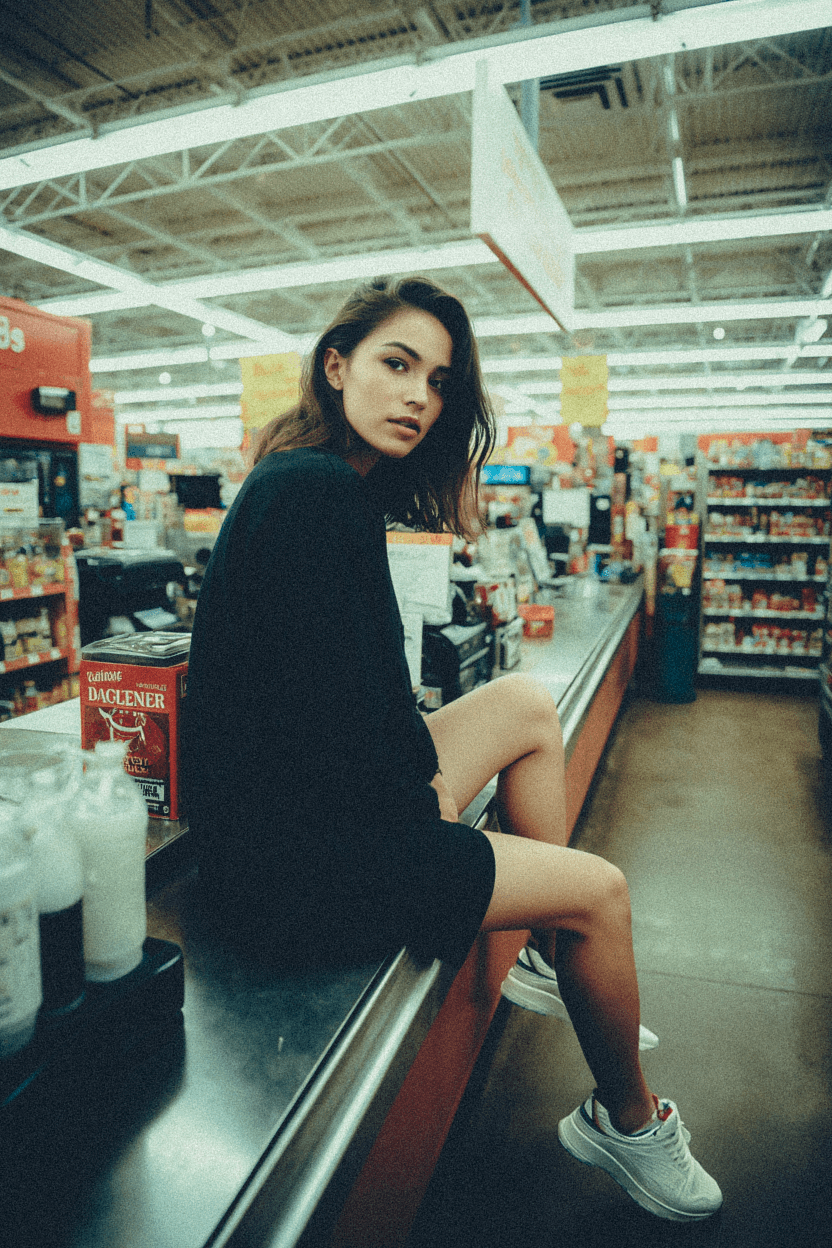 Female model sitting on a checkout desk at a grocery store